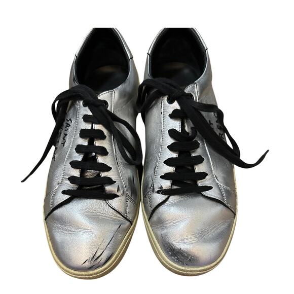 Saint Laurent Silver Sneakers Embroidered Size 43 Mens 10 **flaw** - Picture 1 of 11